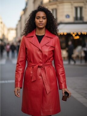 Worthington Red Leather Trench Coat with Waist Tie